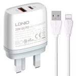 Bộ sạc nhanh QC3.0 / PD20W USB + Type-C LDNIO Q229 kèm cáp USB sang 8 Pin dài 1m, phích cắm EU, phích cắm UK, phích cắm US