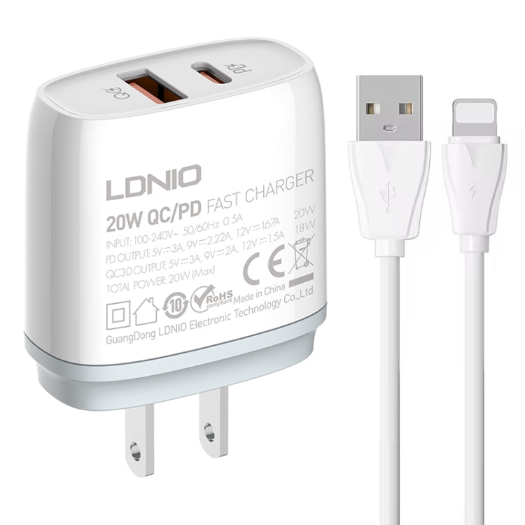 Bộ sạc nhanh QC3.0 / PD20W USB + Type-C LDNIO Q229 kèm cáp USB sang 8 Pin dài 1m, phích cắm EU, phích cắm UK, phích cắm US