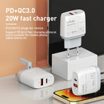 Bộ sạc nhanh QC3.0 / PD20W USB + Type-C LDNIO Q229 kèm cáp USB sang 8 Pin dài 1m, phích cắm EU, phích cắm UK, phích cắm US