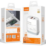 Bộ sạc nhanh QC3.0 / PD20W USB + Type-C LDNIO Q229 kèm cáp USB sang 8 Pin dài 1m, phích cắm EU, phích cắm UK, phích cắm US
