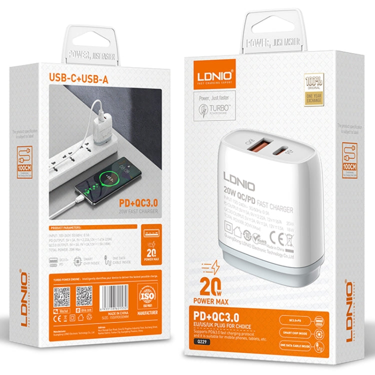 Bộ sạc nhanh QC3.0 / PD20W USB + Type-C LDNIO Q229 kèm cáp USB sang 8 Pin dài 1m, phích cắm EU, phích cắm UK, phích cắm US