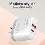 Bộ sạc nhanh QC3.0 / PD20W USB + Type-C LDNIO Q229 kèm cáp USB sang 8 Pin dài 1m, phích cắm EU, phích cắm UK, phích cắm US