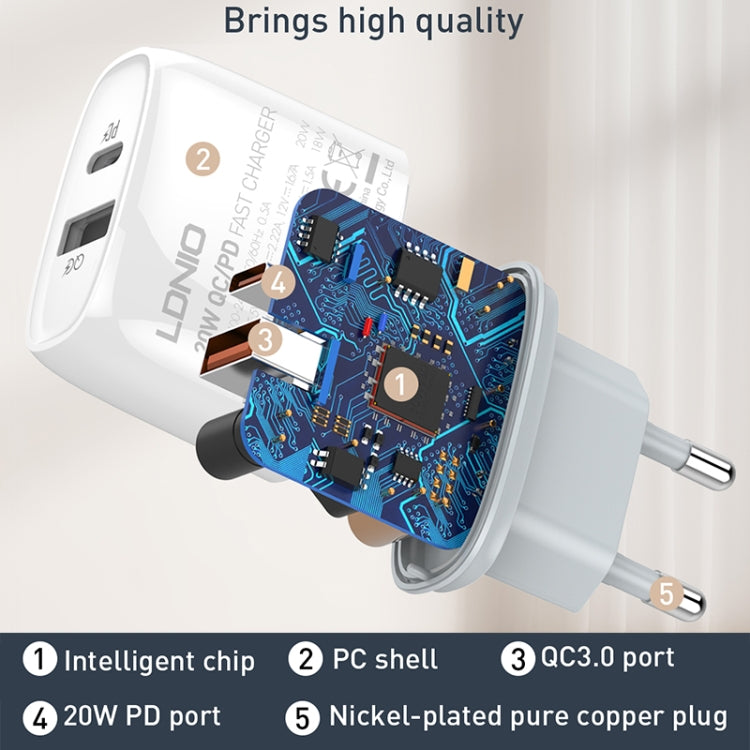 Bộ sạc nhanh QC3.0 / PD20W USB + Type-C LDNIO Q229 kèm cáp USB sang 8 Pin dài 1m, phích cắm EU, phích cắm UK, phích cắm US