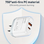 Bộ sạc nhanh QC3.0 / PD20W USB + Type-C LDNIO Q229 kèm cáp USB sang 8 Pin dài 1m, phích cắm EU, phích cắm UK, phích cắm US