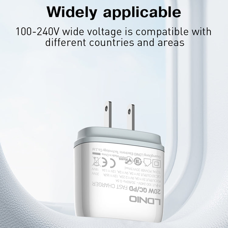 Bộ sạc nhanh QC3.0 / PD20W USB + Type-C LDNIO Q229 kèm cáp USB sang 8 Pin dài 1m, phích cắm EU, phích cắm UK, phích cắm US