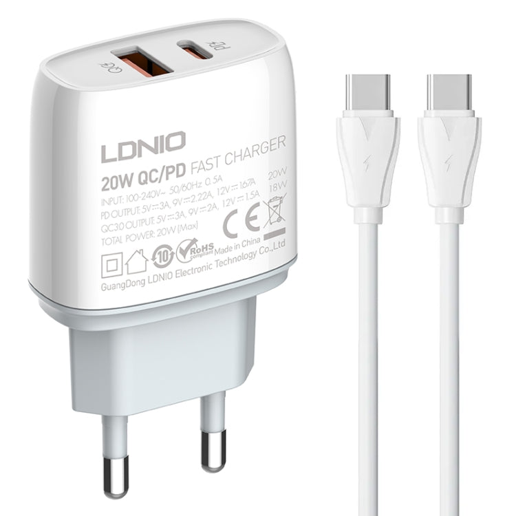 Bộ sạc nhanh LDNIO Q229 QC3.0 / PD20W USB + Type-C kèm cáp Type-C to Type-C dài 1m, phích cắm EU, UK, US