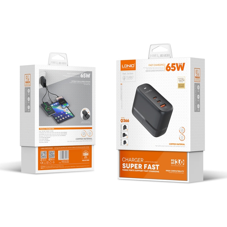 Bộ sạc 65W LDNIO Q366 cổng USB + đôi Type-C kèm cáp USB-C / Type-C sang USB-C / Type-C dài 1m, phích cắm EU, phích cắm UK, phích cắm US