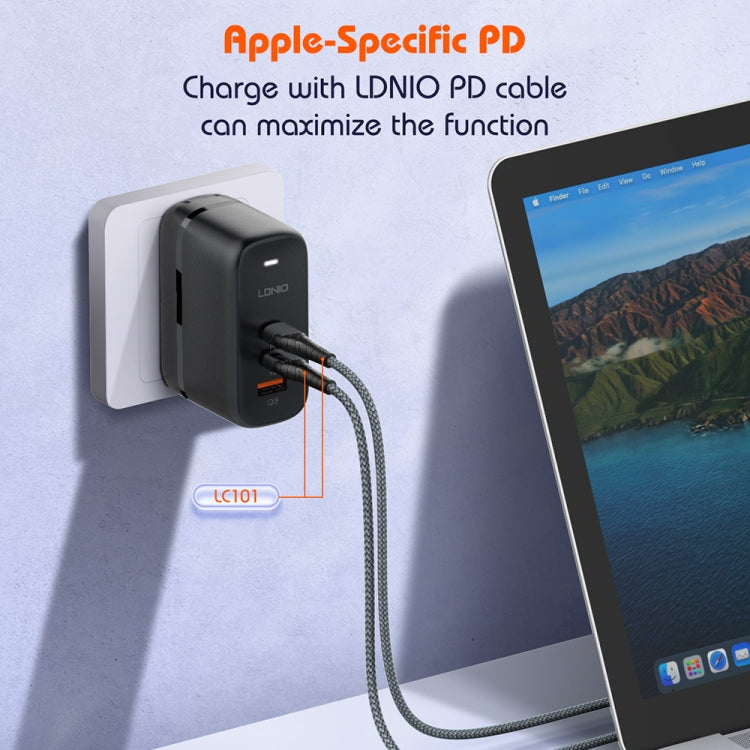 Bộ sạc 65W LDNIO Q366 cổng USB + đôi Type-C kèm cáp USB-C / Type-C sang USB-C / Type-C dài 1m, phích cắm EU, phích cắm UK, phích cắm US