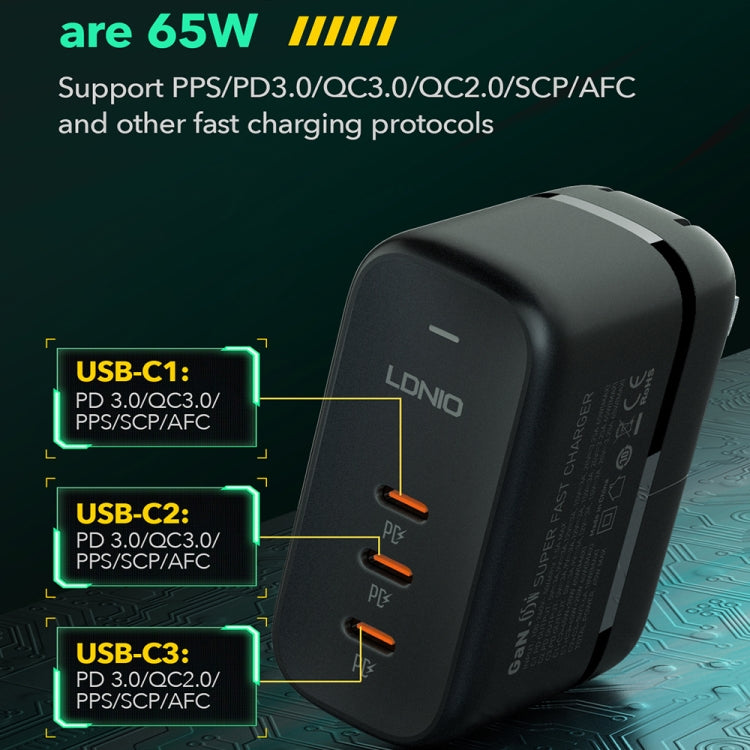 Bộ sạc GaN 65W LDNIO Q367 3 cổng USB-C / Type-C kèm cáp USB-C / Type-C sang USB-C / Type-C dài 1m, phích cắm EU, phích cắm UK, phích cắm US