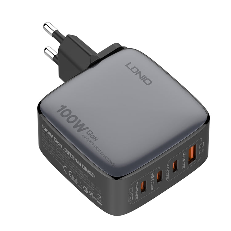 Sạc LDNIO Q408 100W GaN USB+3 USB-C / Type-C với cáp dữ liệu USB-C / Type-C 100W dài 1m, phích cắm EU, phích cắm UK, phích cắm US