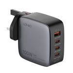 Sạc LDNIO Q408 100W GaN USB+3 USB-C / Type-C với cáp dữ liệu USB-C / Type-C 100W dài 1m, phích cắm EU, phích cắm UK, phích cắm US