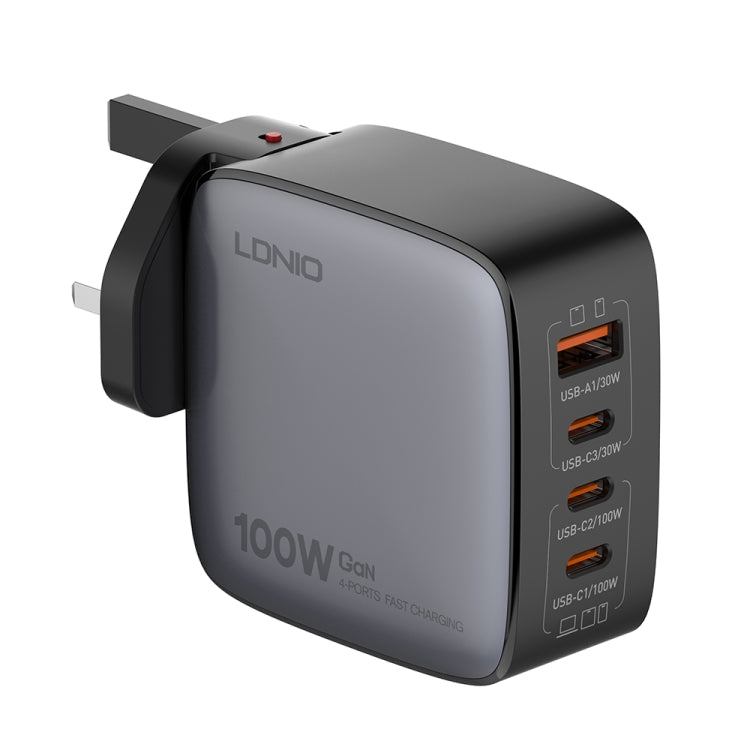 Sạc LDNIO Q408 100W GaN USB+3 USB-C / Type-C với cáp dữ liệu USB-C / Type-C 100W dài 1m, phích cắm EU, phích cắm UK, phích cắm US