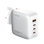Sạc LDNIO Q408 100W GaN USB+3 USB-C / Type-C với cáp dữ liệu USB-C / Type-C 100W dài 1m, phích cắm EU, phích cắm UK, phích cắm US