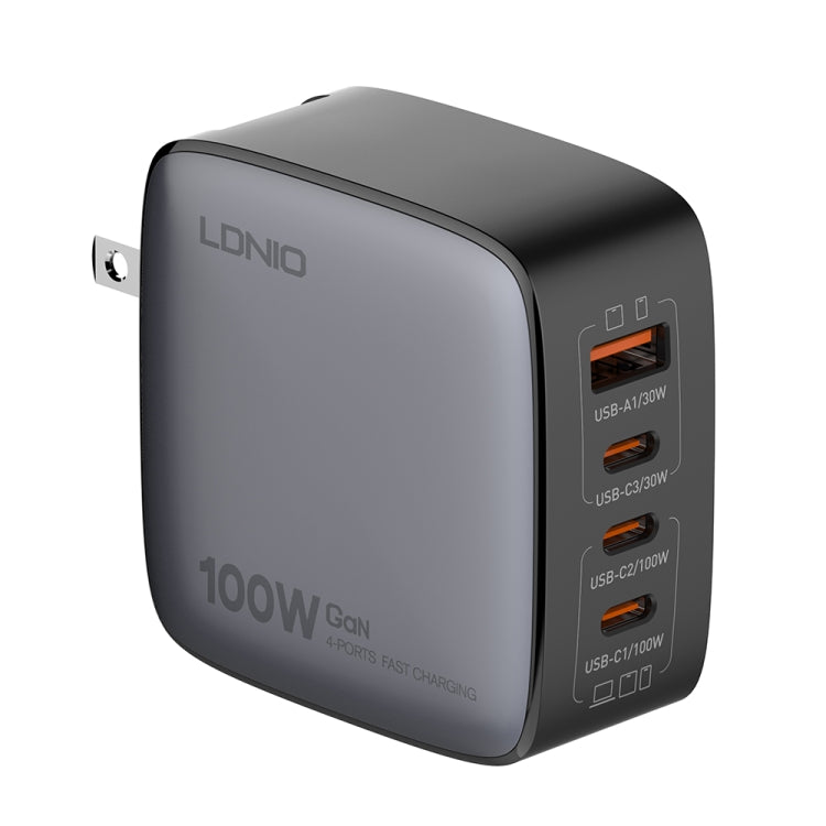 Sạc LDNIO Q408 100W GaN USB+3 USB-C / Type-C với cáp dữ liệu USB-C / Type-C 100W dài 1m, phích cắm EU, phích cắm UK, phích cắm US