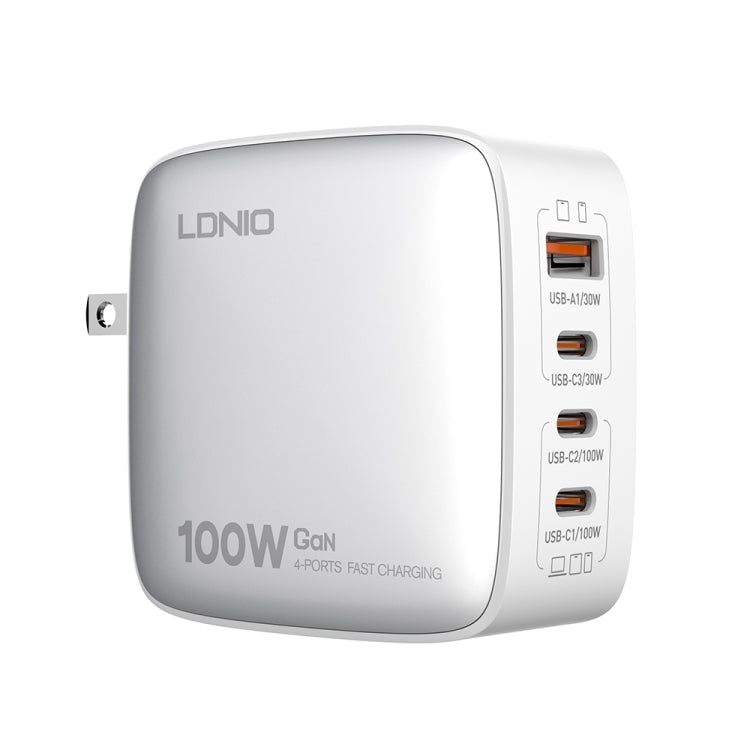 Sạc LDNIO Q408 100W GaN USB+3 USB-C / Type-C với cáp dữ liệu USB-C / Type-C 100W dài 1m, phích cắm EU, phích cắm UK, phích cắm US
