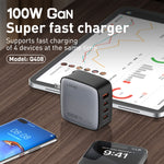 Sạc LDNIO Q408 100W GaN USB+3 USB-C / Type-C với cáp dữ liệu USB-C / Type-C 100W dài 1m, phích cắm EU, phích cắm UK, phích cắm US