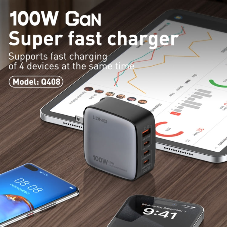 Sạc LDNIO Q408 100W GaN USB+3 USB-C / Type-C với cáp dữ liệu USB-C / Type-C 100W dài 1m, phích cắm EU, phích cắm UK, phích cắm US