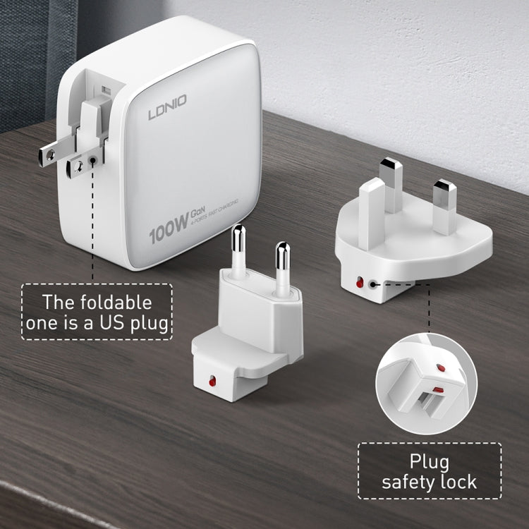 Sạc LDNIO Q408 100W GaN USB+3 USB-C / Type-C với cáp dữ liệu USB-C / Type-C 100W dài 1m, phích cắm EU, phích cắm UK, phích cắm US