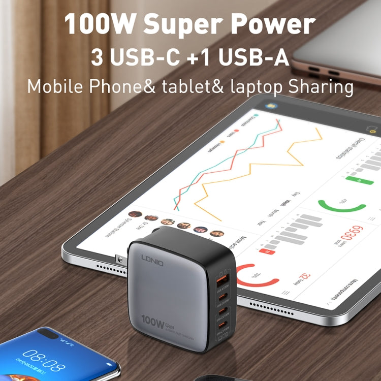 Sạc LDNIO Q408 100W GaN USB+3 USB-C / Type-C với cáp dữ liệu USB-C / Type-C 100W dài 1m, phích cắm EU, phích cắm UK, phích cắm US