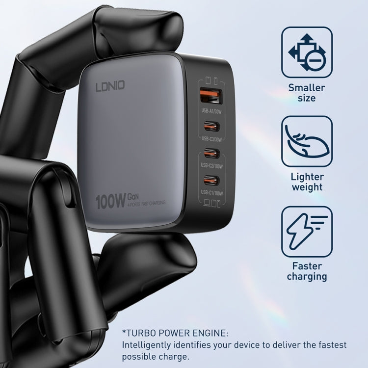 Sạc LDNIO Q408 100W GaN USB+3 USB-C / Type-C với cáp dữ liệu USB-C / Type-C 100W dài 1m, phích cắm EU, phích cắm UK, phích cắm US