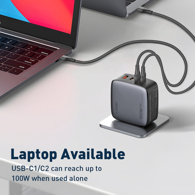 Sạc LDNIO Q408 100W GaN USB+3 USB-C / Type-C với cáp dữ liệu USB-C / Type-C 100W dài 1m, phích cắm EU, phích cắm UK, phích cắm US