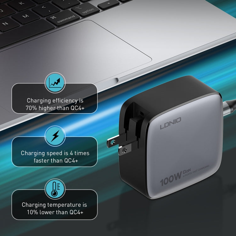 Sạc LDNIO Q408 100W GaN USB+3 USB-C / Type-C với cáp dữ liệu USB-C / Type-C 100W dài 1m, phích cắm EU, phích cắm UK, phích cắm US