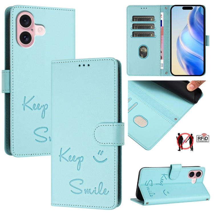 Ốp điện thoại da RFID dập nổi nụ cười, dành cho iPhone 16, iPhone 15 Pro Max, iPhone 15 Pro, iPhone 15 Plus, iPhone 15, iPhone 14 Plus, iPhone 14 / 13, iPhone 14 Pro