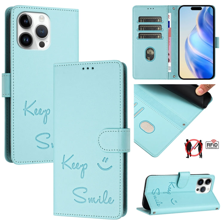 Ốp điện thoại da RFID dập nổi nụ cười, dành cho iPhone 16, iPhone 15 Pro Max, iPhone 15 Pro, iPhone 15 Plus, iPhone 15, iPhone 14 Plus, iPhone 14 / 13, iPhone 14 Pro