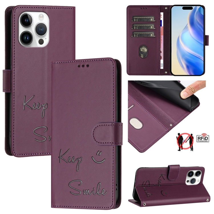 Ốp điện thoại da RFID dập nổi nụ cười, dành cho iPhone 16, iPhone 15 Pro Max, iPhone 15 Pro, iPhone 15 Plus, iPhone 15, iPhone 14 Plus, iPhone 14 / 13, iPhone 14 Pro