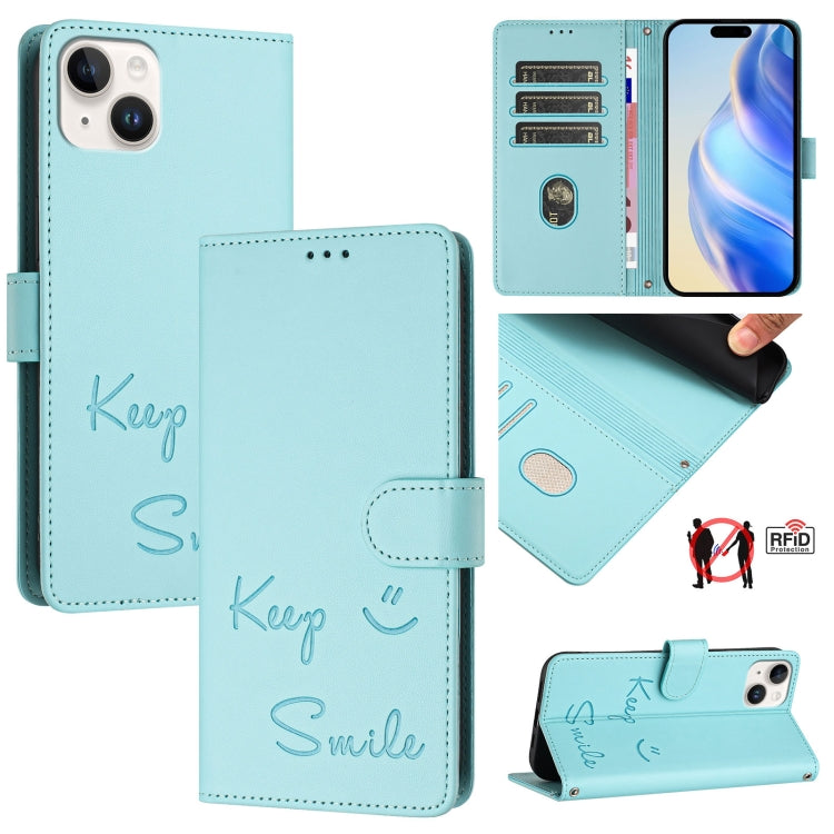Ốp điện thoại da RFID dập nổi nụ cười, dành cho iPhone 16, iPhone 15 Pro Max, iPhone 15 Pro, iPhone 15 Plus, iPhone 15, iPhone 14 Plus, iPhone 14 / 13, iPhone 14 Pro
