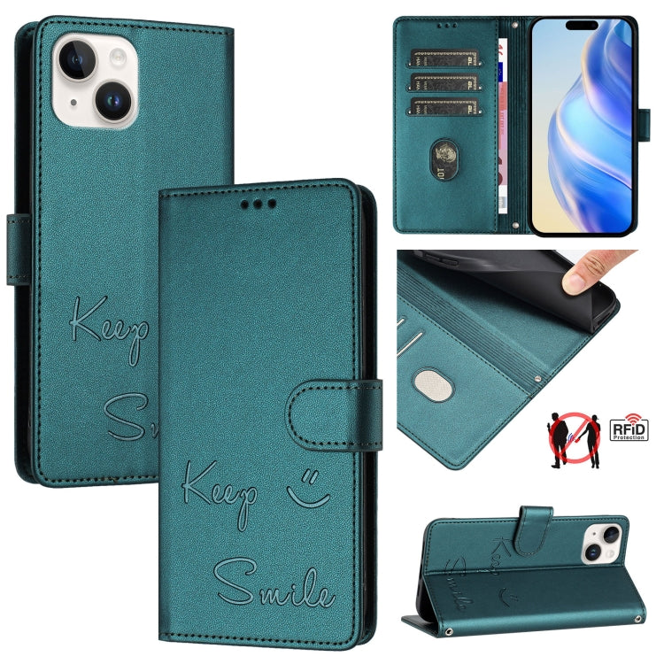 Ốp điện thoại da RFID dập nổi nụ cười, dành cho iPhone 16, iPhone 15 Pro Max, iPhone 15 Pro, iPhone 15 Plus, iPhone 15, iPhone 14 Plus, iPhone 14 / 13, iPhone 14 Pro