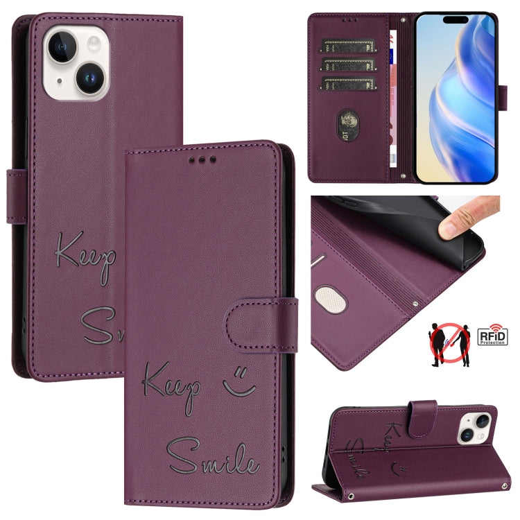 Ốp điện thoại da RFID dập nổi nụ cười, dành cho iPhone 16, iPhone 15 Pro Max, iPhone 15 Pro, iPhone 15 Plus, iPhone 15, iPhone 14 Plus, iPhone 14 / 13, iPhone 14 Pro