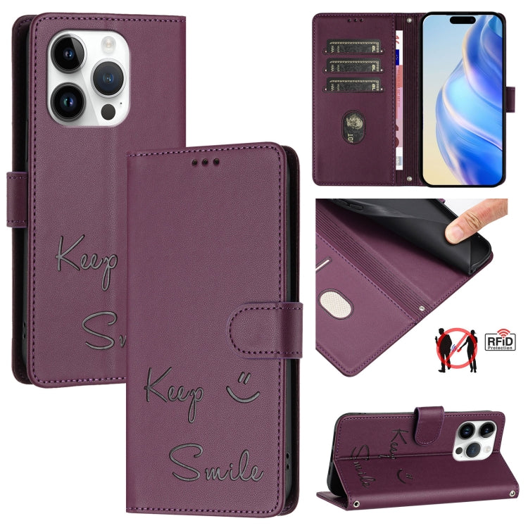 Ốp điện thoại da RFID dập nổi nụ cười, dành cho iPhone 16, iPhone 15 Pro Max, iPhone 15 Pro, iPhone 15 Plus, iPhone 15, iPhone 14 Plus, iPhone 14 / 13, iPhone 14 Pro