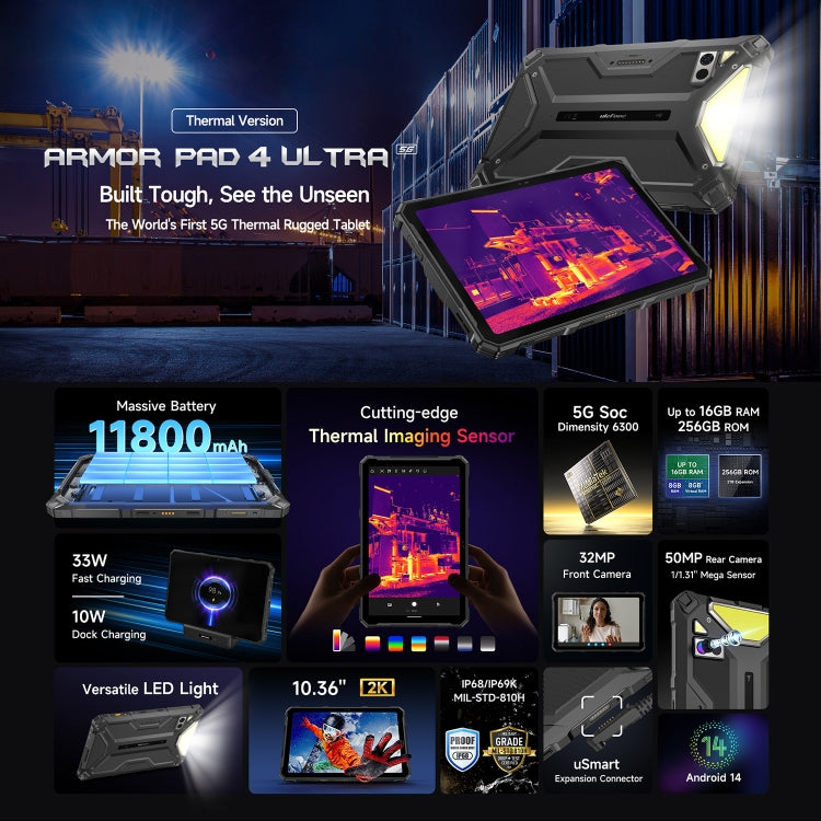 Máy tính bảng bền bỉ phiên bản nhiệt Ulefone Armor Pad 4 Ultra, 10.36 inch Android 14 MediaTek Dimensity 6300 Octa Core Mạng 5G, Phích cắm EU, Armor Pad 4 Ultra Chụp ảnh nhiệt