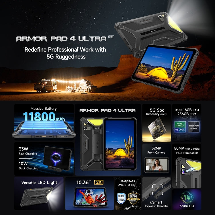 Máy tính bảng bền bỉ Ulefone Armor Pad 4 Ultra, 10.36 inch Android 14 MediaTek Dimensity 6300 Octa Core Mạng 5G, Phích cắm EU, Armor Pad 4 Ultra