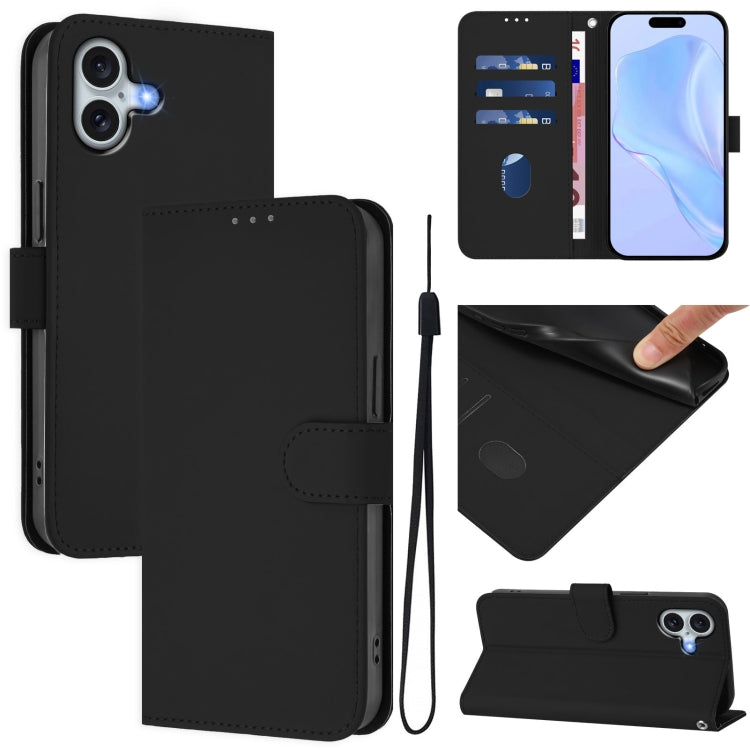 Ốp lưng điện thoại da màu trơn cảm giác da kèm dây đeo, dành cho iPhone 16 Pro, iPhone 16 Plus