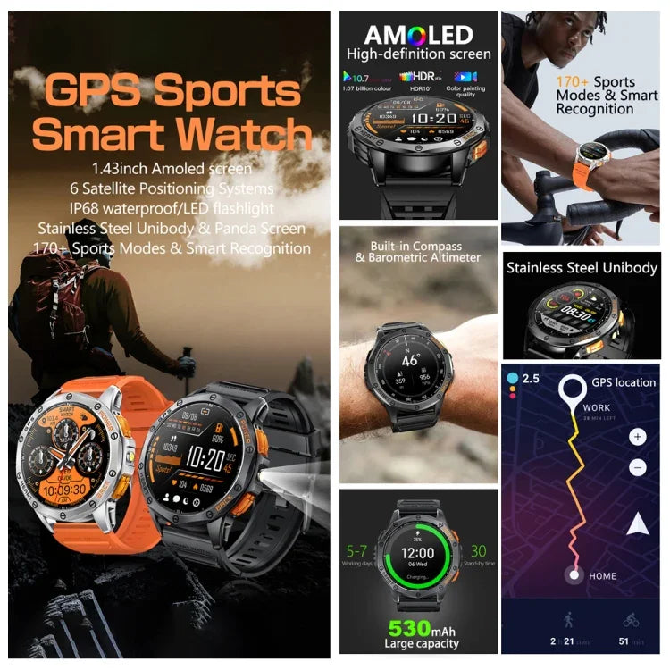 Đồng hồ thông minh thể thao LEMFO K67 màn hình AMOLED 1.43 inch GPS, hỗ trợ gọi Bluetooth / theo dõi sức khỏe