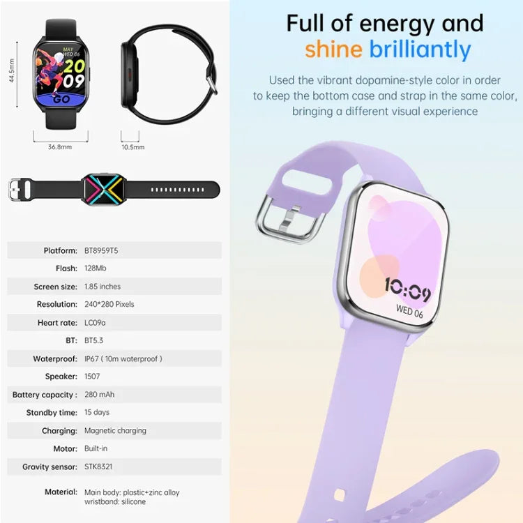 Đồng hồ thông minh KT73S màn hình vuông 1.85 inch gọi Bluetooth, đo nhịp tim / huyết áp / oxy trong máu / sức khỏe nữ / theo dõi giấc ngủ