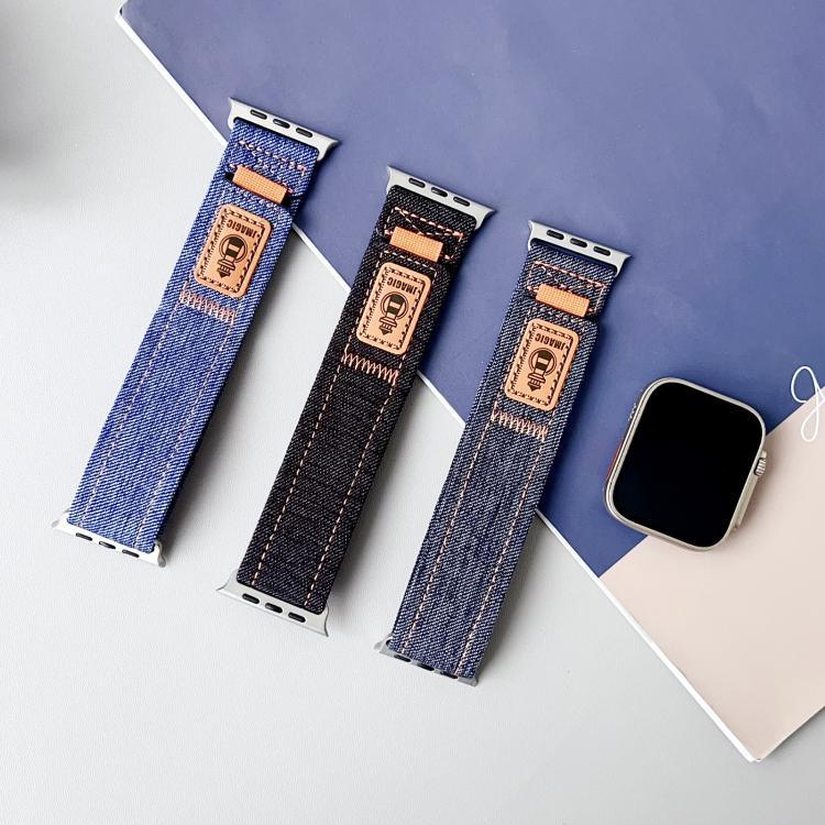 Dây đồng hồ vải bố nylon denim có móc và vòng dán, dành cho Apple Watch 46mm / 49mm / 45mm / 44mm, dành cho Apple Watch 42mm / 41mm / 40mm / 38mm