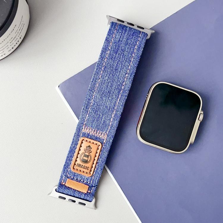 Dây đồng hồ vải bố nylon denim có móc và vòng dán, dành cho Apple Watch 46mm / 49mm / 45mm / 44mm, dành cho Apple Watch 42mm / 41mm / 40mm / 38mm