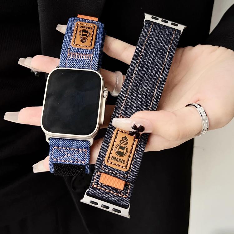 Dây đồng hồ vải bố nylon denim có móc và vòng dán, dành cho Apple Watch 46mm / 49mm / 45mm / 44mm, dành cho Apple Watch 42mm / 41mm / 40mm / 38mm