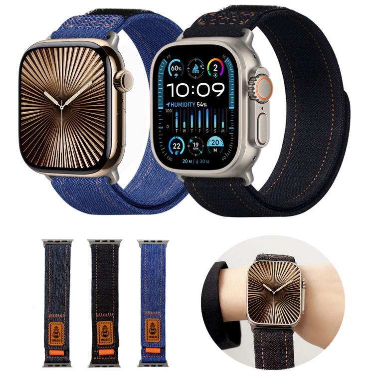 Dây đồng hồ vải bố nylon denim có móc và vòng dán, dành cho Apple Watch 46mm / 49mm / 45mm / 44mm, dành cho Apple Watch 42mm / 41mm / 40mm / 38mm