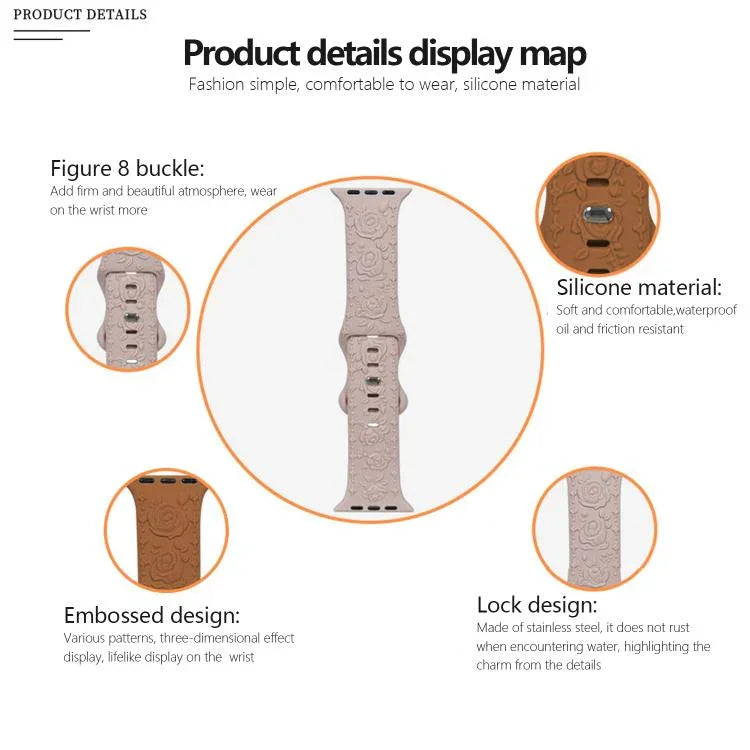 Dây đồng hồ silicone Kalebol với khóa hình số 8 và hoa văn hoa hồng, Dành cho Apple Watch 46mm / 49mm / 45mm / 44mm, Dành cho Apple Watch 42mm / 41mm / 40mm / 38mm