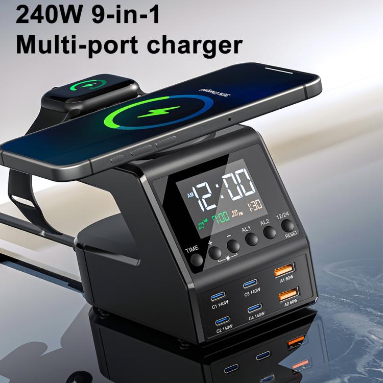Trạm sạc đa năng 9 trong 1 240W nhiều cổng với chức năng báo thức