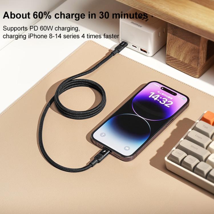 MOMAX DL57D Mag.Link cáp dữ liệu sạc nhanh 60W Type-C sang 8 Pin có nam châm, chiều dài: 1m