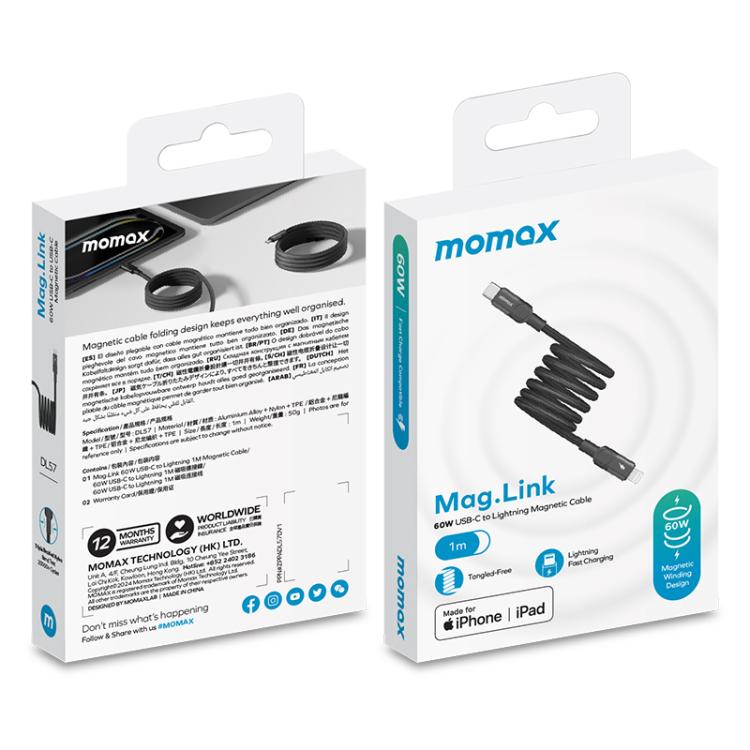 MOMAX DL57D Mag.Link cáp dữ liệu sạc nhanh 60W Type-C sang 8 Pin có nam châm, chiều dài: 1m