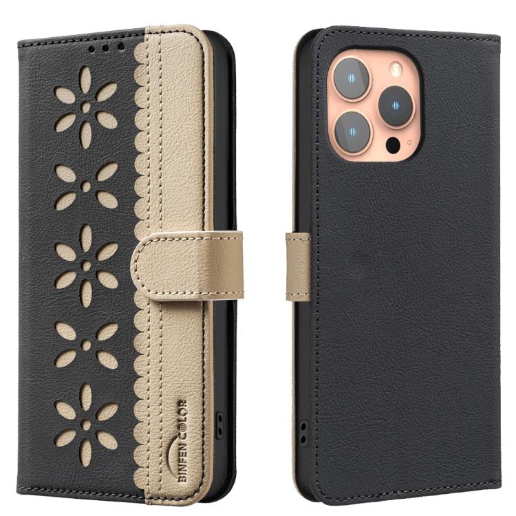 Splicing Color Hollow Flower Pattern RFID Leather Phone Case, For iPhone 13 Pro Max, For iPhone 13 Pro, For iPhone 12 / 12 Pro, For iPhone 12 Pro Max, For iPhone 11 Pro Max, For iPhone 11, For iPhone 11 Pro, For iPhone XR