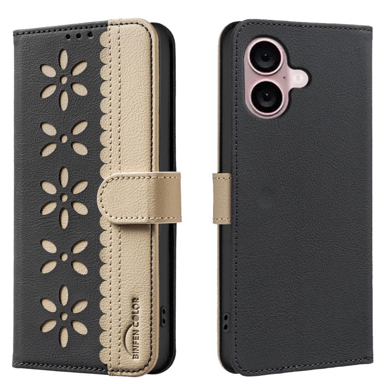 Splicing Color Hollow Flower Pattern RFID Leather Phone Case, For iPhone 16, For iPhone 15 Pro Max, For iPhone 15 Pro, For iPhone 14 Plus / 15 Plus, For iPhone 15, For iPhone 13 / 14, For iPhone 14 Pro, For iPhone 14 Pro Max