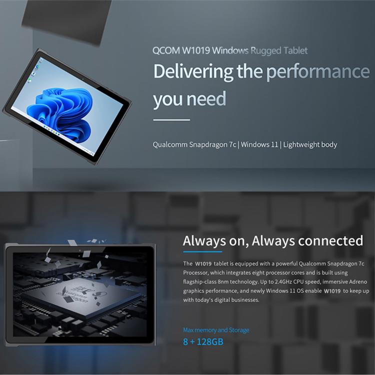 Máy tính bảng QCOM W1019 Windows 11 Pro, 8GB+128GB, màn hình 10.1 inch Qualcomm SC7180 Kryo 468 8C8T Octa Core, mạng 4G, OTG, phích cắm EU, Mỹ, Anh, Úc