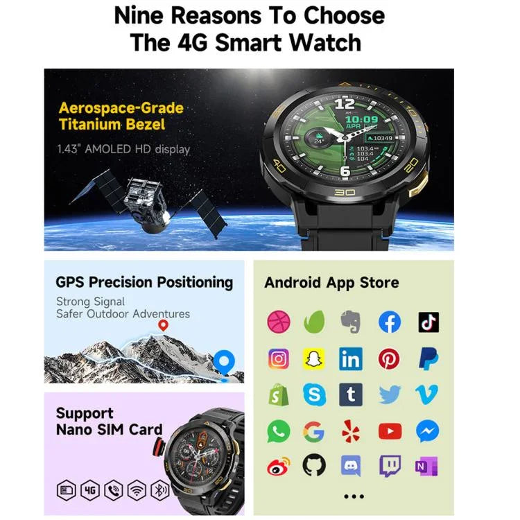 Điện Thoại Đồng Hồ Android UNIWA DM300 4G, Màn Hình 1.43 inch Unisoc SL8541E Quad Core, Hỗ Trợ Nhịp Tim / Oxy Máu, 2GB+16GB, 4GB+64GB